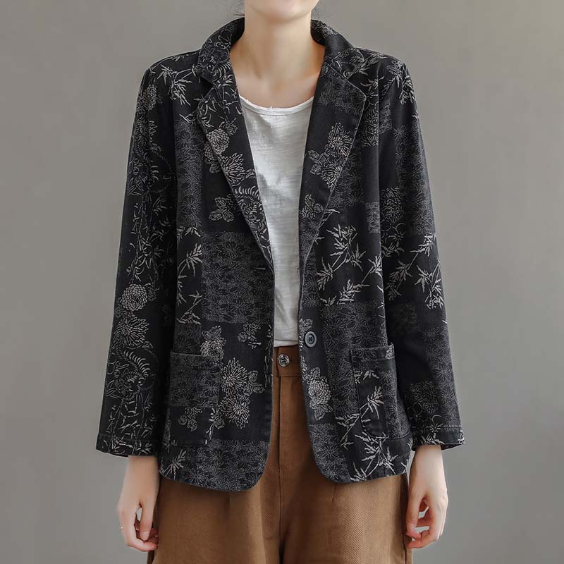 Blazer Imprimé Rétro pour Femmes Veste Courte Fine à Manches Longues Coton Décontracté Ample Manteau Printemps et Automne Commute Version Coréenne Style Harajuku