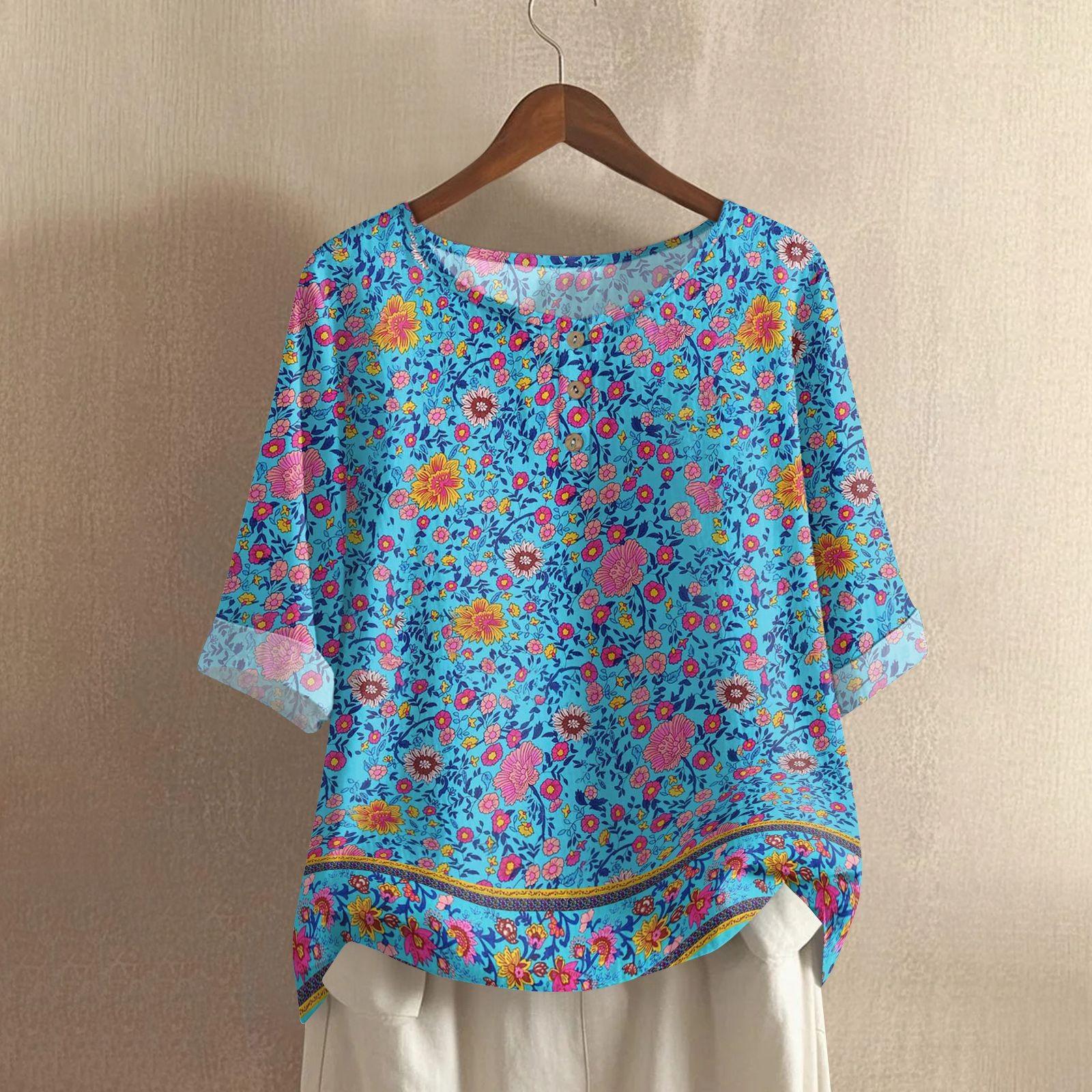 

Женская модная и повседневная рубашка с полурукавом, круглым вырезом и принтом, блузка, топ XL