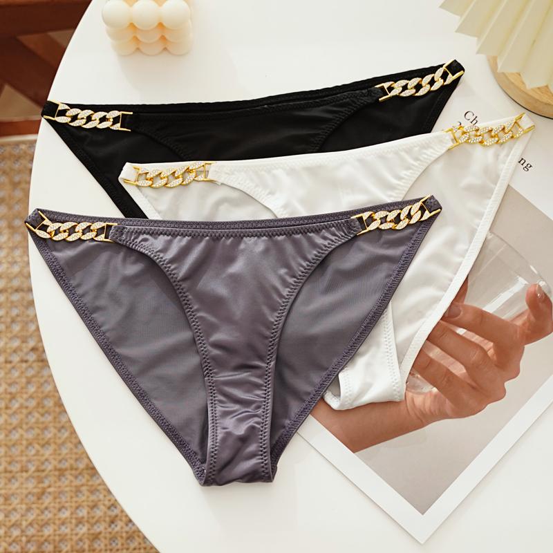 TERMEZY Chiloți sexy pentru femei, cu talie joasă, lenjerie de corp cu lanț de diamante, decorații metalice, slip pentru femei, lenjerie intimă