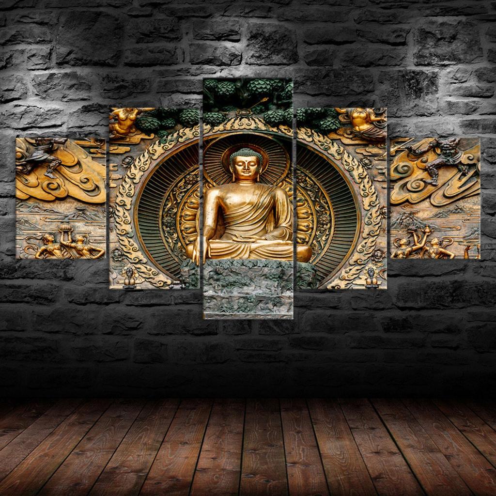 Buddha Statue Sculpture Canvas 5 Piece Wall Print Five Panel Modern Art Poster Picture Home Decor Gift For Him For Her