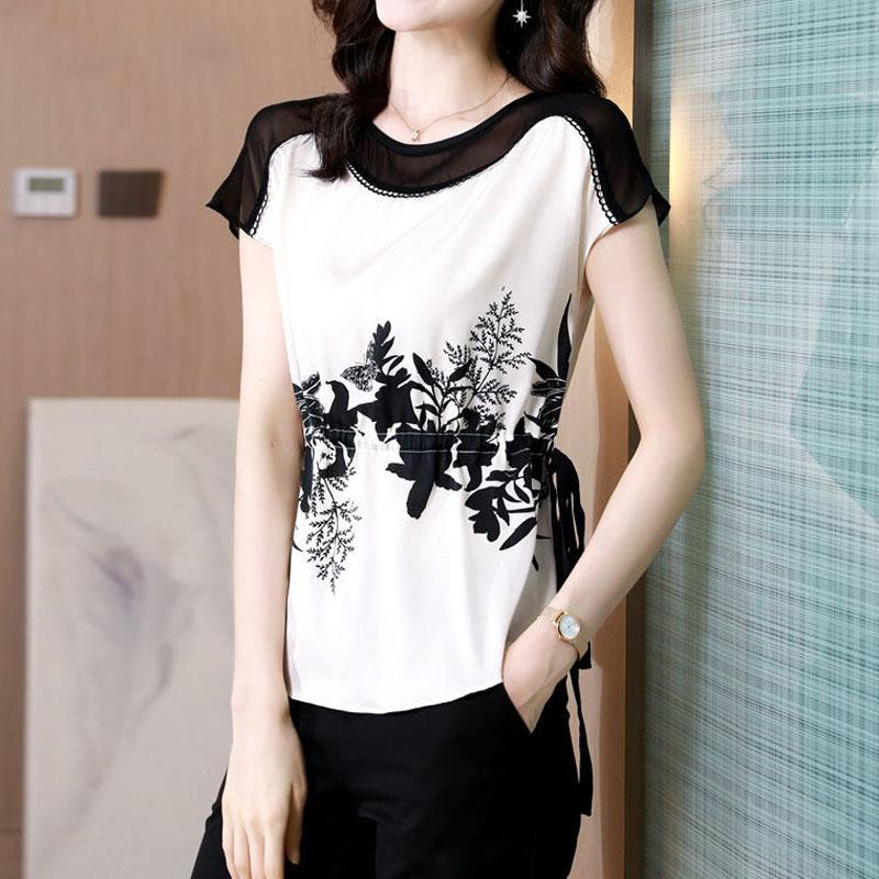 

Raglan Sleeve Lace Up Folds Elegant Fashion O-Neck Women s Blouses Summer Casual Clothing Mesh Patchwork Printed Pullovers Shirt L чорний