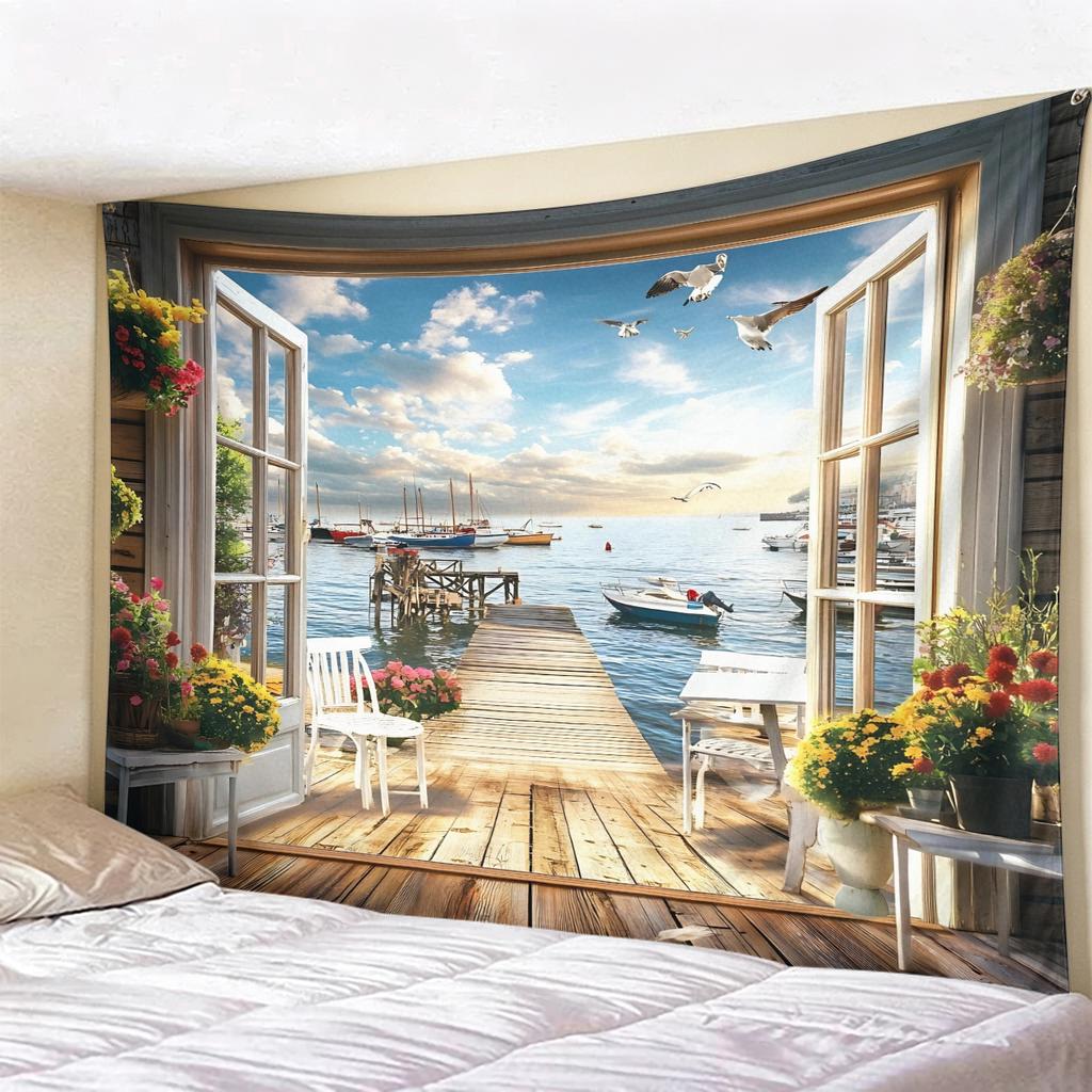Window View Tapestry Wall Hanging, Scenic Nature Landscape Backdrop, Artificial Window Wall Decor for Bedroom Living Room
