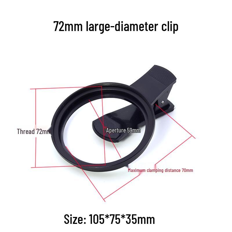 Universal Phone Lens and Filter Clip: Fits 37mm, 49mm, 52mm, 62mm, 67mm, 72mm, and 82mm Diameters.
