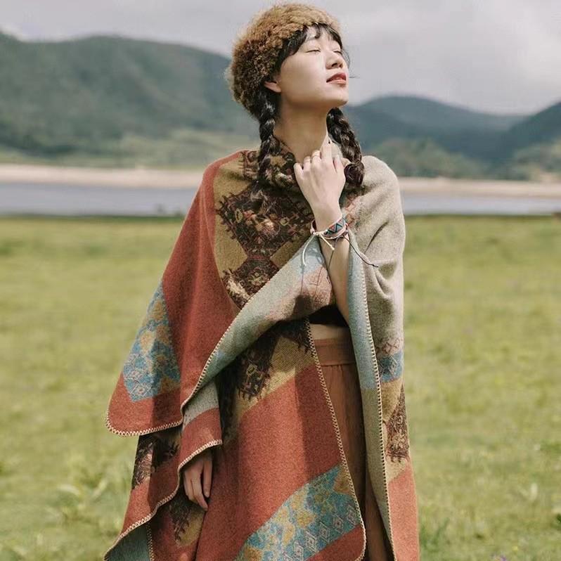 Women's Ethnic Shawl: Northwest Travel Cape, Thick Warm Scarf Cloak