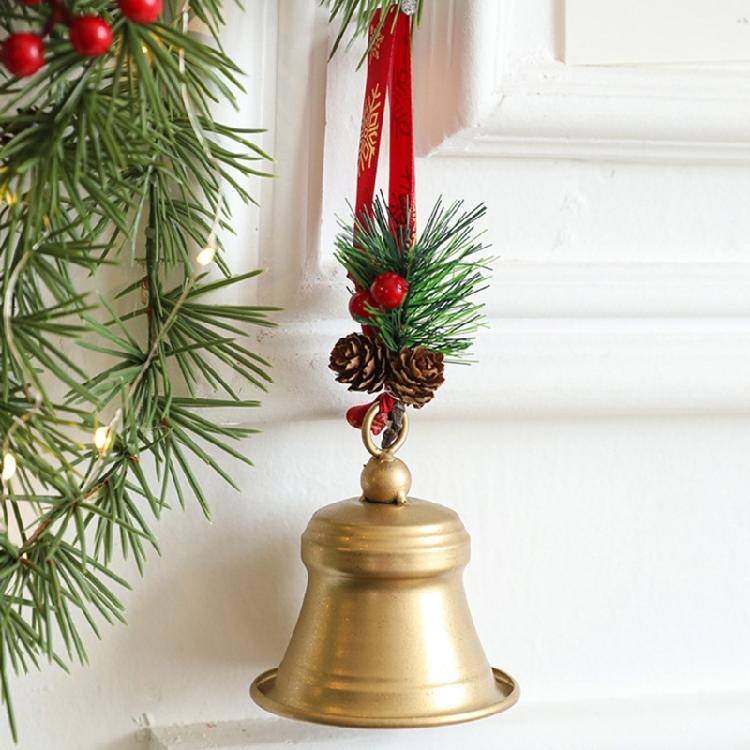 Christmas Bells Decors with Hanging Rope Pine Cone Bowknot Vintage Metal Bells for Tree Wreath Door Wall Decorations