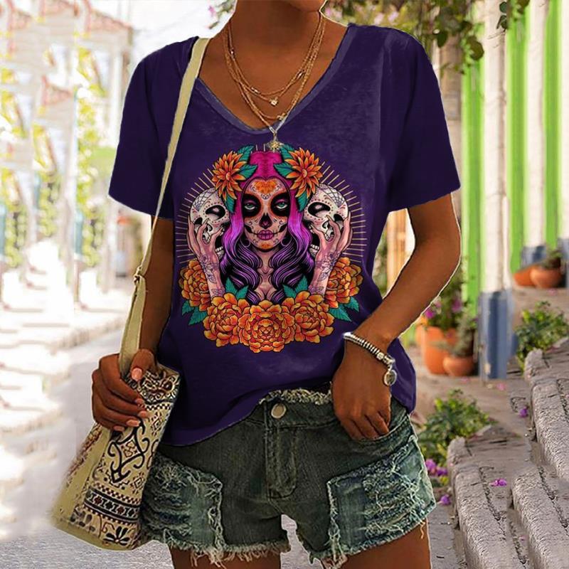 Damski T-shirt z dekoltem w serek i krótkim rękawem Letnia odzież modowa Top z nadrukiem kota Casualowy luźny T-shirt z krótkim rękawem Odzież damska