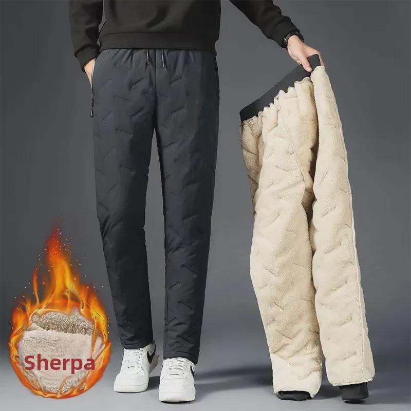 Men's Plus Velvet Waterproof Thick Warm Windproof Cotton Straight Pants - Large Size Casual Wear for Autumn and Winter.