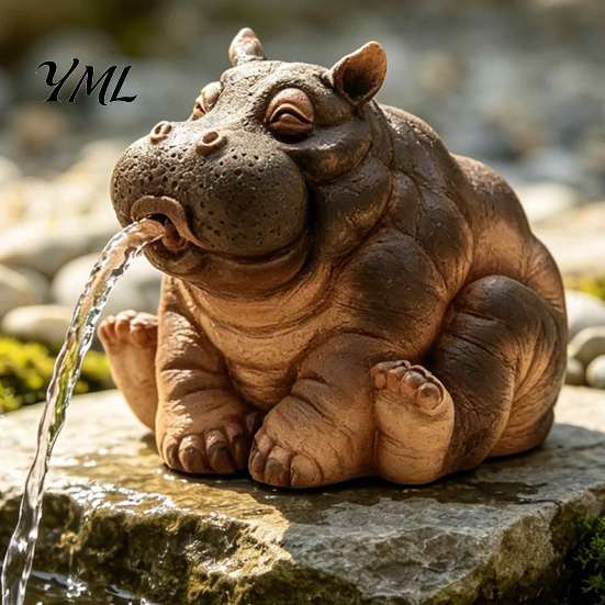 Resin Hippo Figurine Water Spitting Hippopotamus Figurine, Realistic Statue, Animal Ornament Fountain Sculpture for Garden Pond Pool Decoration Decor