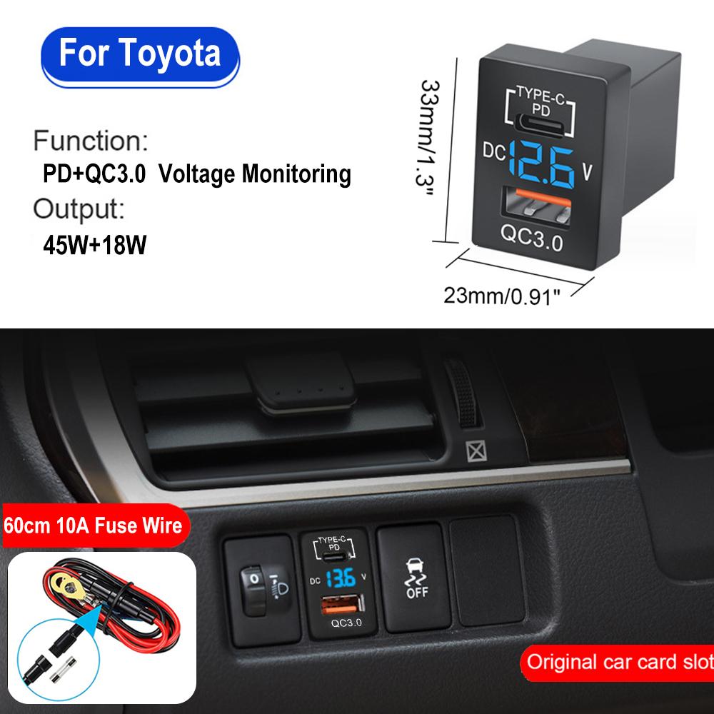 12V-24V Car Charger Socket Adapter Dual USB Ports Fast Charger Socket with Voltage Display for Toyota Auto Accessories 40X22mm