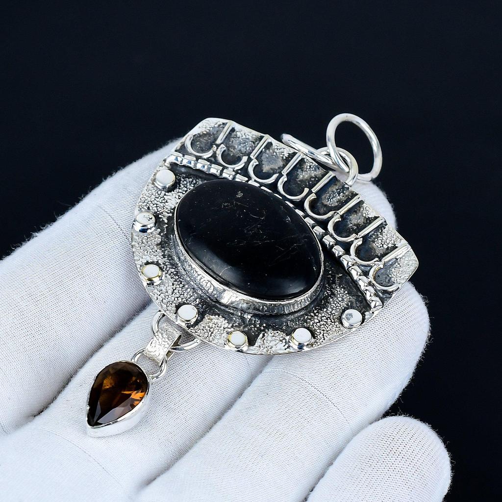 Black Obsidian Pendant, 925 Sterling Silver Handmade Jewelry, Smoky Topaz Silver Pendant, Party Wear Jewelry For Women's, Pendant Wadding Gift