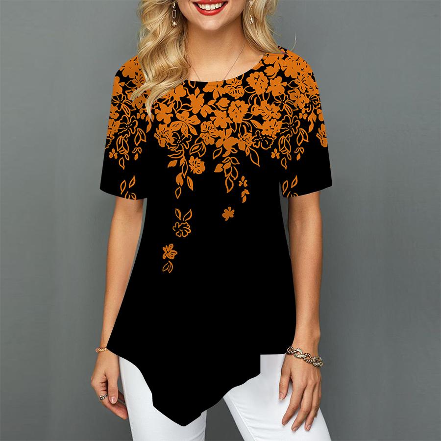 

Женские футболки больших размеров с ярким цветочным принтом, свободные повседневные топы, женская нерегулярная летняя одежда 8XL оранжевый