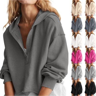 Women's Solid Color Loose Hooded Sweatshirt V-neck Top Pullover Long Sleeved Shirt