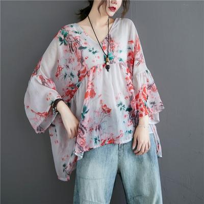 Chic Vintage Cotton Linen Plus Size Women's Blouse Female 3/4 Bat Sleeve Clothing Oversized V-neck Doll Shirt Comfortable Chiffon Top