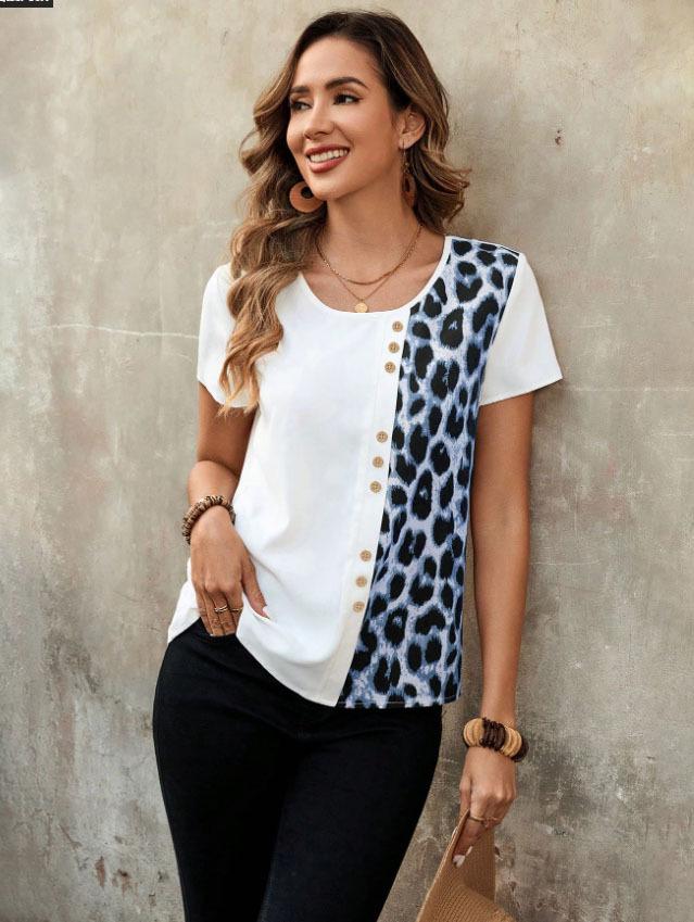 Leopard Print Round Neck Top: Elegant Short Sleeve T-shirt for Women, Casual Spring and Autumn Style 2025