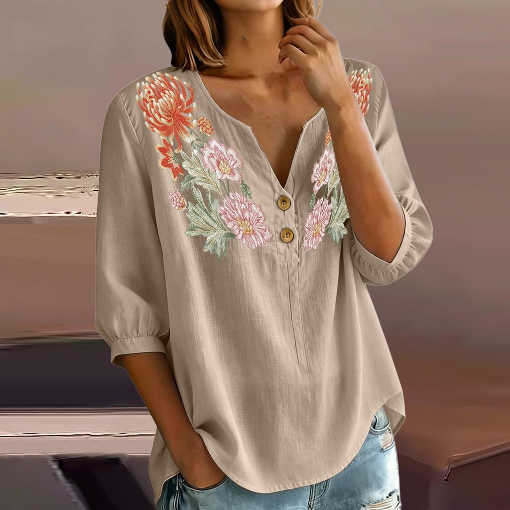 Damen Blumenstickerei Henley-Kragen Knopfleiste Hemd Dreiviertelarm Baumwolle Leinen Oberteil Lässige Bluse