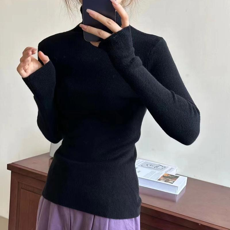 Women's Autumn Winter High Neck Candy Color Slim-Fit Knit Base Layer Simple Long Sleeve Top for Office Wear