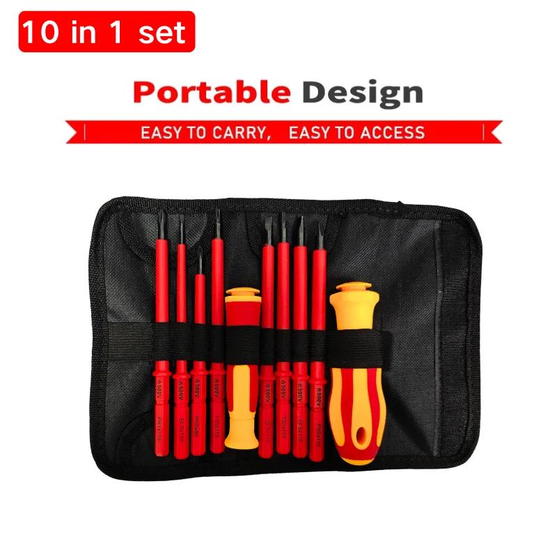10 In 1 Interchangeable Blade 500V Insulated Screwdriver Set With Case Magnetic For Home Professional Electricians Repair Tools