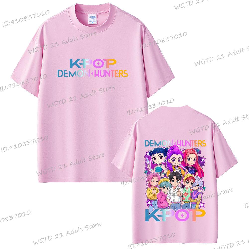 

Горячий фильм K-pop Охотники на демонов Футболка Мультяшная Руми Мира Зои Саджа Мальчики Футболка Мужчины Женщины Хлопок Мода Футболки с круглым вырезом Подарок для фанатов S