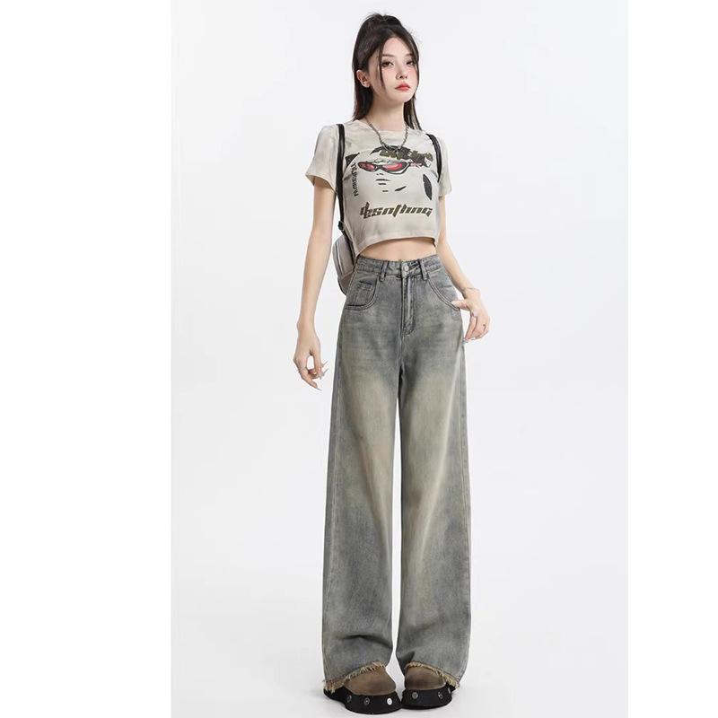 

Летние женские брюки с высокой посадкой, в стиле ретро, с потертостями, широкими штанинами и необработанным краем M