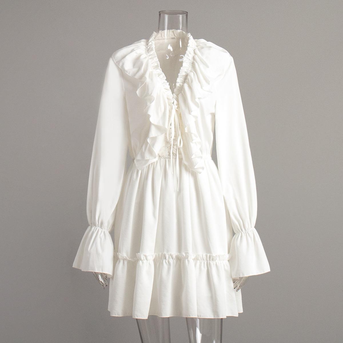 Spring Summer New Women s European Style V-Neck Flare Sleeve Short Chiffon Crossbody Dress S белый