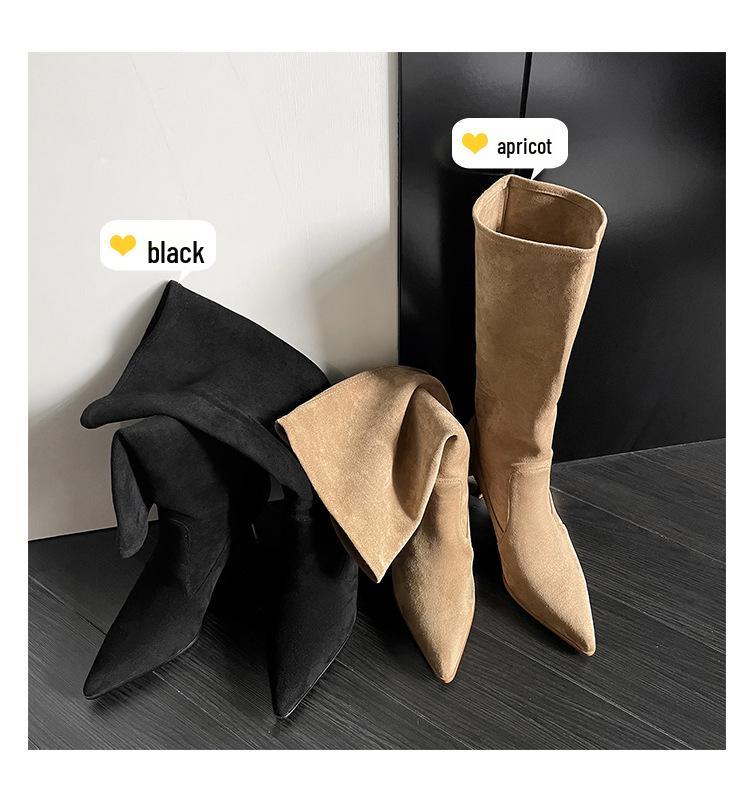 Song Xixi Apricot High Heel Slouch Cowboy Ankle Boots - Versatile Mid-Calf Stiletto for Women