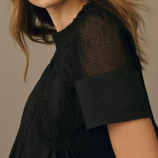 Women Tops Round Neck Short Sleeve Pure Color Pullover Tops Hollow Embroidery Mesh Yarn Loose Fit Casual Tops Daily Wear