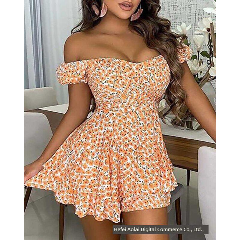 

White Floral One Shoulder Dress off-Shoulder Dress Pastoral Sexy Floral Short dress Orange color XL