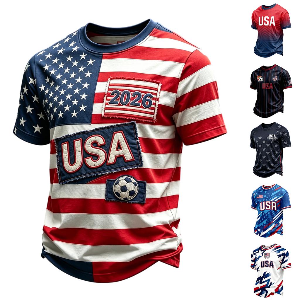 Men's Casual Printed Crew Neck Lightweight Breathable Short Sleeve T-Shirt USA Flag Design Soccer Patch 2026 Number Graphic