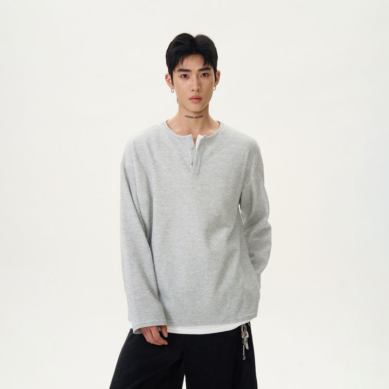 Kisko American Retro Lazy Style Fake Two-Piece Henry Collar Long-Sleeve T-Shirt for Men and Women, High-End Casual Inner Wear Top