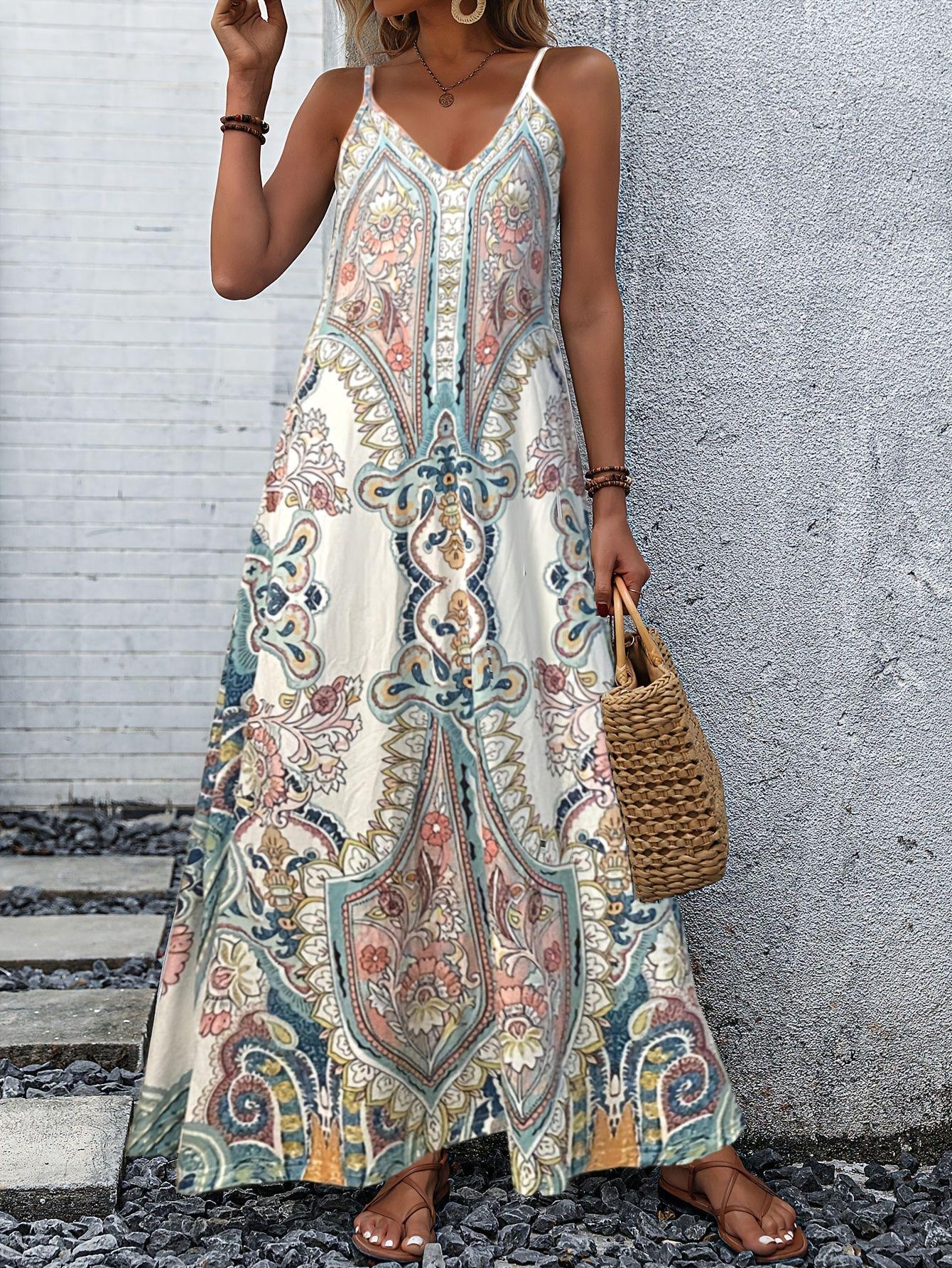 

Bohemian V-Neck Long Dress with Thin Straps in Easy-Care Polyester XL білий