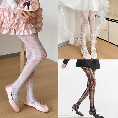 Damen Elegant Ausgeschnitten Fischernetz Spitze Strumpfhose Strümpfe Japanischer Stil Niedlich Herz Diamant Jacquard Netzstrumpfhose Leggings