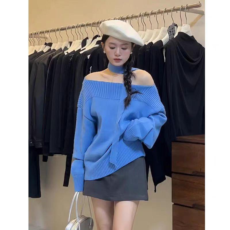 

Женский вязаный свитер с открытыми плечами и шарфом 2025 года – Осенне-зимний комплект из двух предметов