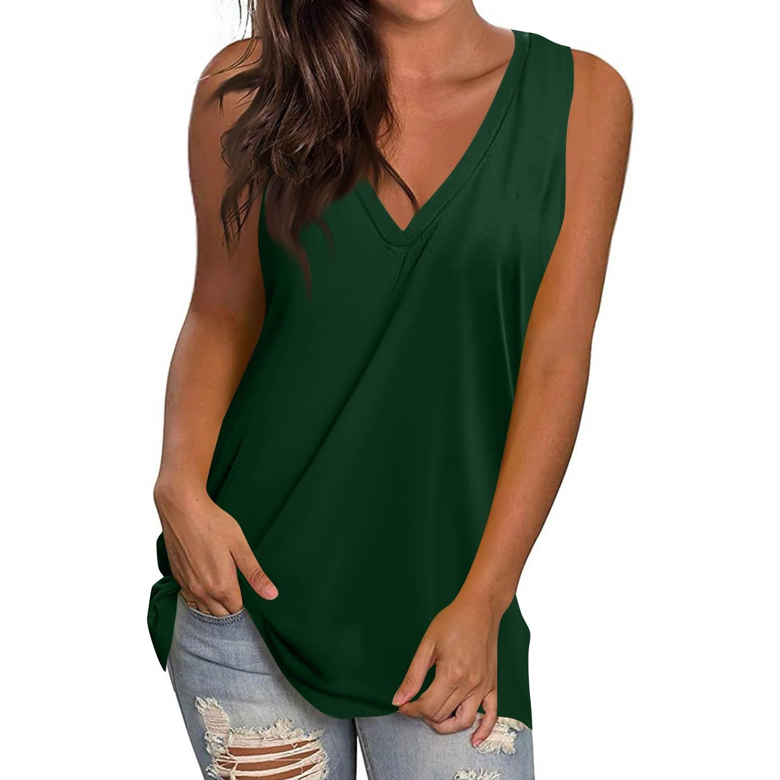 

Женская повседневная модная футболка без рукавов с V-образным вырезом и однотонным жилетом S зелёный