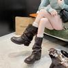 Thick-soled belt buckle pleated medium boots women's 2025 autumn and summer new western cowboy short boots Martin boots pant tube boots