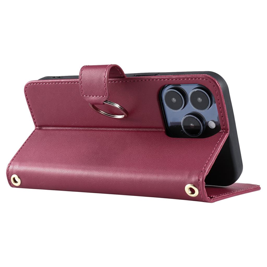For iPhone 15 Pro Crossbody Leather Case Ring Buckle Wallet Stand Rhombus Mobile Cover