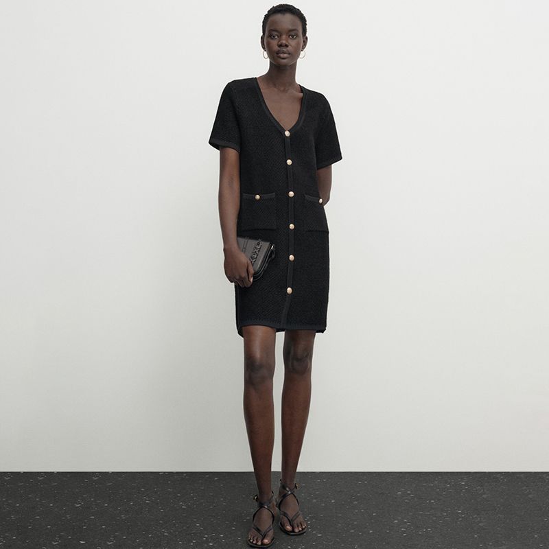 MD Women's Clothing Early Autumn Classic Style Fancy French Heavy Industry Black Short V-neck Dress Female 06637624800