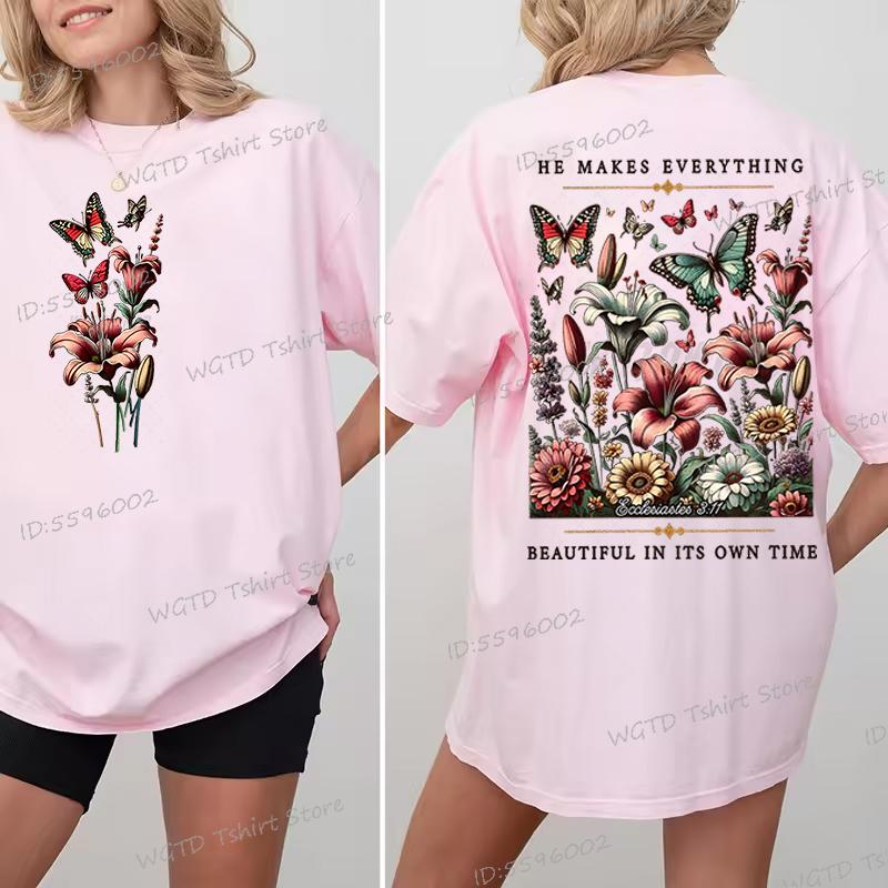 Christian Floral Vintage Boho T-shirt Women He Makes Everything Beautiful Graphic Tee Inspirational Retro Flower Religious Shirt