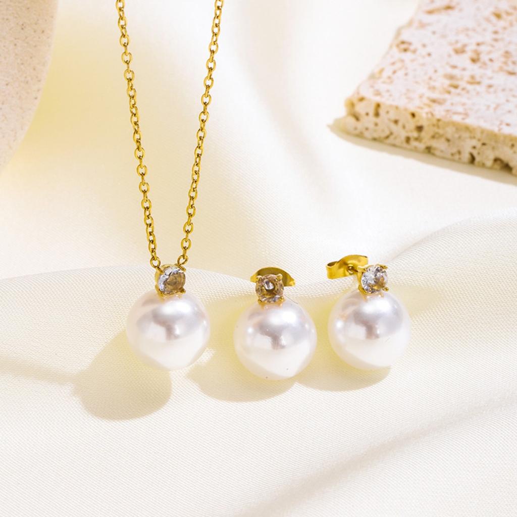 Pearl Zircon Stud Earrings Necklace Set for Women, Stainless Steel Hypoallergenic Daily Jewelry Set Gift