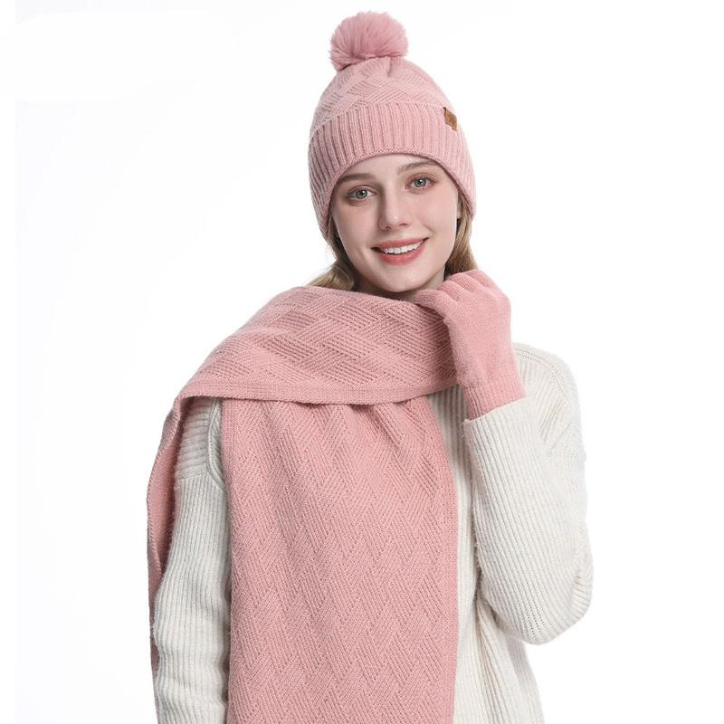 3pcs/set Hat Scarf For Women Gloves Set Outdoor Riding With Touch Screen Winter Pompom Hat Knit Beanie Fleece Lined