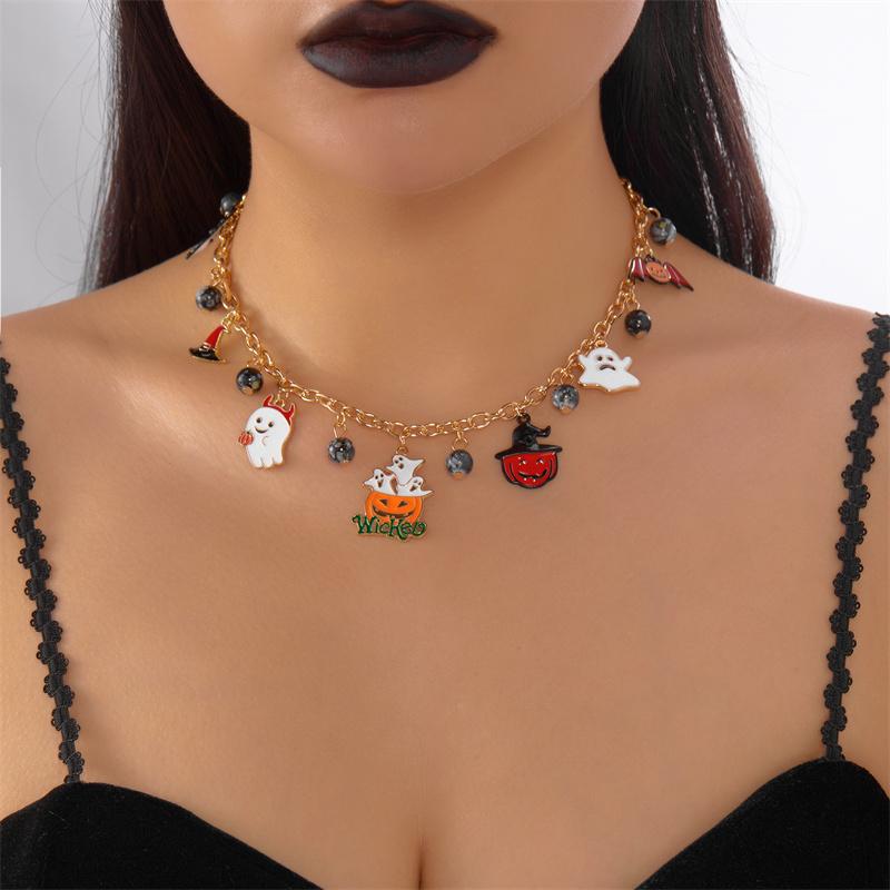 

Punk Halloween Bat Pumpkin Pendant Necklace for Women Cartoon Funny House Ghost Spider Cat Hat Chain Cosplay Party Jewelry Gift