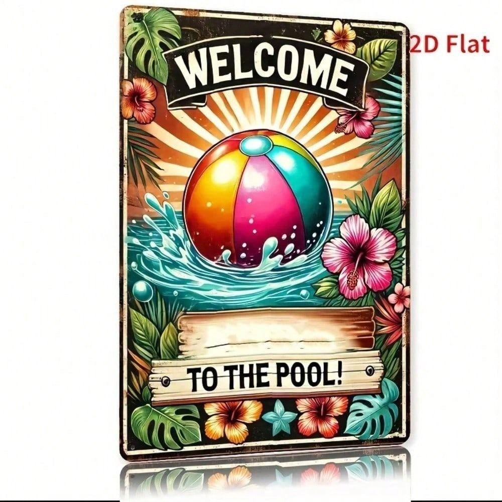 Retro Pool Party Beach Ball Tropical Flowers Metal Wall Poster Home Gift