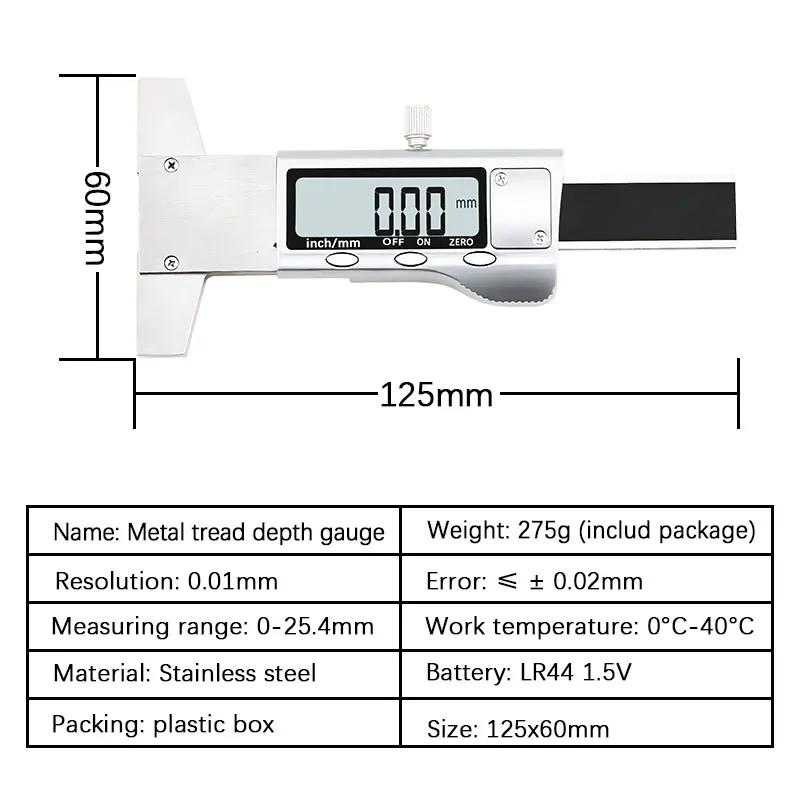 0.01mm Precision Digital Tread Depth Gauge - 0-25mm LCD Stainless Steel Caliper with Metric/Inch Interchange for Tyres