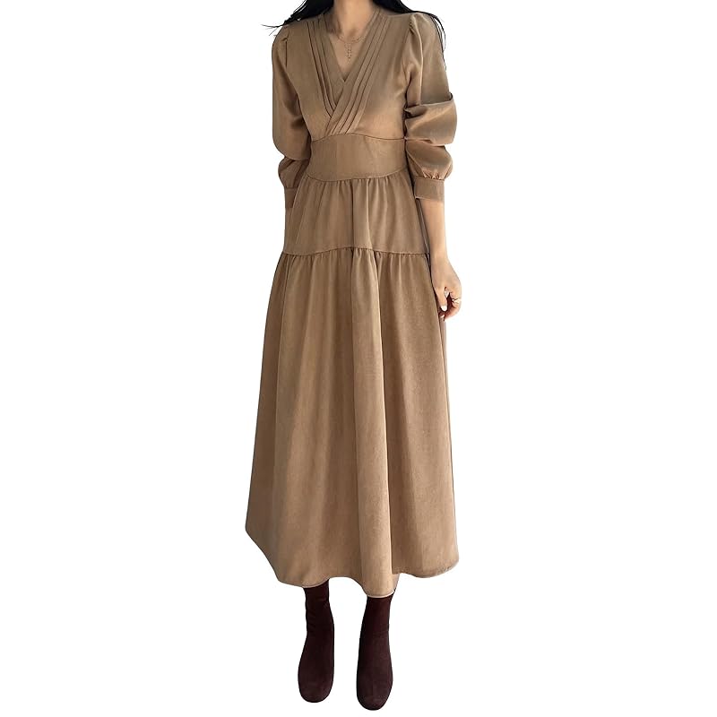 

[one Anbu] cachecoeur one piece long long sleeve ladies tiered dress long dress long sleeve dress invited Plain color brown brown