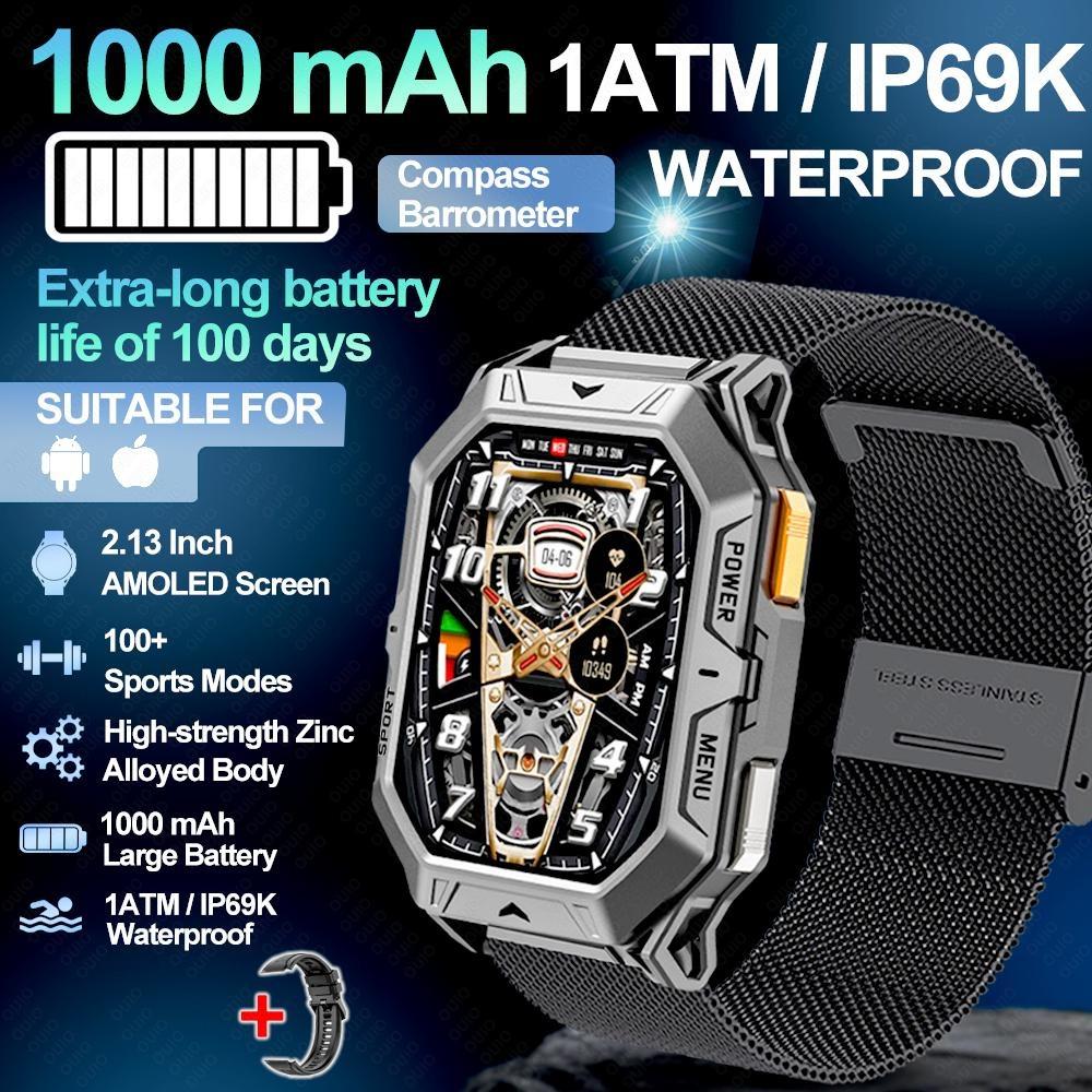 New 1000mAh Battery Smart Watch 2.13-Inch AMOLED Screen Men's Watch Compass 10ATM Waterproof Bluetooth Call Sports Smart Watch