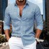 Men's Blue White Patchwork Striped Long Sleeve Shirt Lapel Collar Full Button Down Casual Dress Top