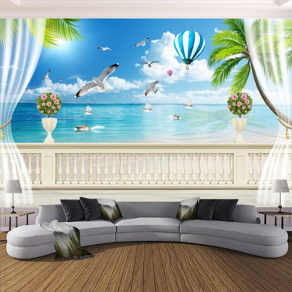 

3d Пляжные обои Пляжная сцена Настенные росписи 3d Окно Вид на море Кокосовая пальма Обои для стен 200 cm(W) x 140 cm(H)