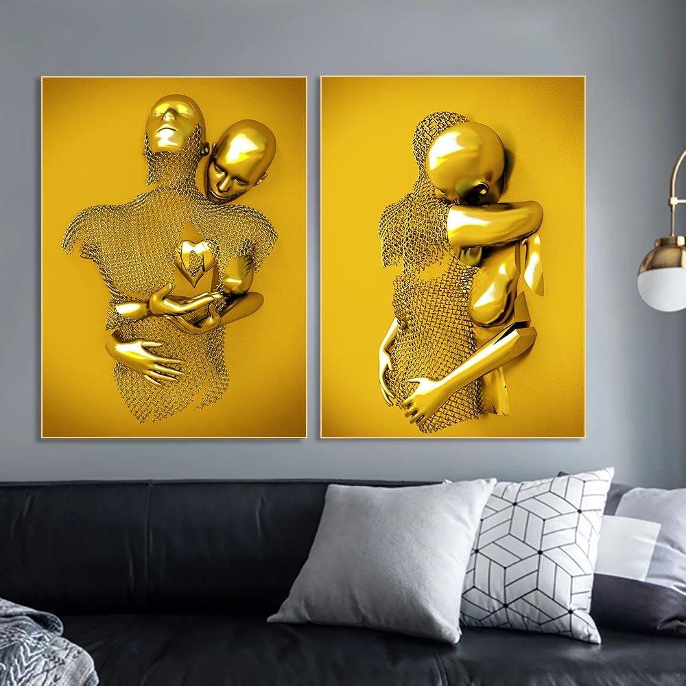 Love Couples Poster 3D Metal Figure Statue Canvas Painting Human Body Sculpture Wall Art Printing Picture for Home Room Decor