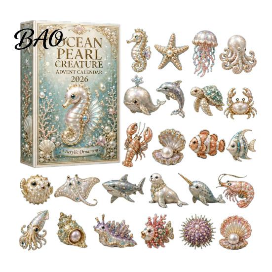 Weihnachtsgeschenk für Freunde Familie 2026 Meeresbewohner Adventskalender, 24-teiliges Acryl-Schmuckset mit festlicher Dekoration für Zuhause Meerestierfiguren,