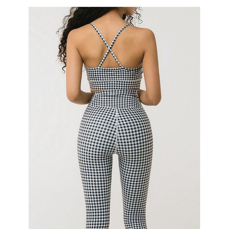 

New Plaid Printed Plaid Midriff Outfit Beauty Back Yoga Clothes Black Check Suit L