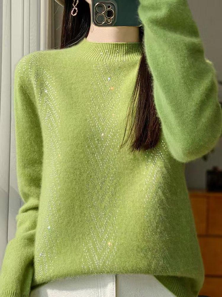 Women's Solid Color Wool Sweater: New Half-High Collar Knit Pullover with Hot Drill Detail for Autumn/Winter
